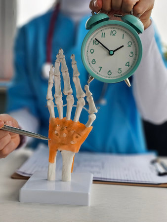 Model of a human hand skeleton with hand anatomy demonstration in a medical settingの写真素材