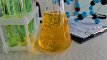 Bright yellow liquid in a laboratory flask with test tubes and molecular model nearby during a science experimentの写真素材