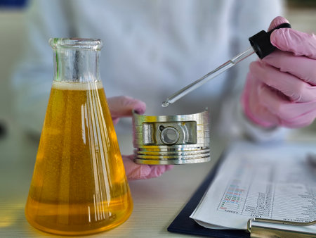 Chemical motor oil on car piston in laboratory closeup. Car piston is examined in laboratory and filled with oilの写真素材