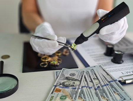 Expert jeweler evaluates gold and gems under precise lighting while handling cash in jewelry workshop settingの写真素材