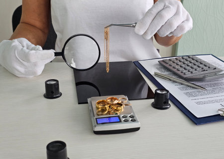 Jewelry inspection process involving magnifying glass and scale in a professionalの写真素材