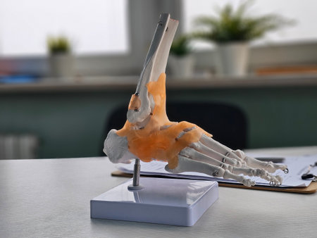 Detailed anatomical model of a human knee joint displayed in a classroom environment