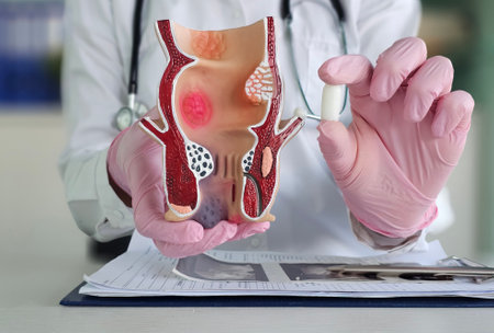 Proctologist doctor holds rectal suppository and artificial model of human rectumの写真素材