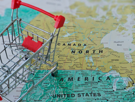 America and Canada, demonstrating cross-border justice, trade tariff conflicts between America and Canada and the concept of legal disputesの写真素材