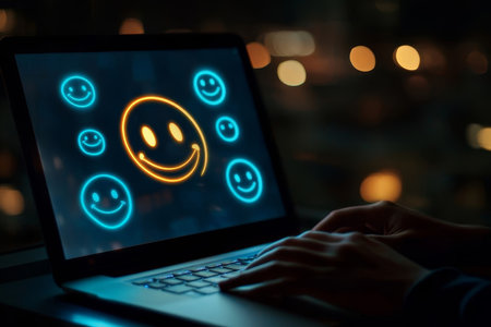 Colorful smiley faces illuminate a laptop screen at night, enhancing the digital experience in a cozy environmentの素材