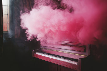Unique red smoke envelops a vintage piano in an artistic indoor setting creating an ethereal atmosphereの素材