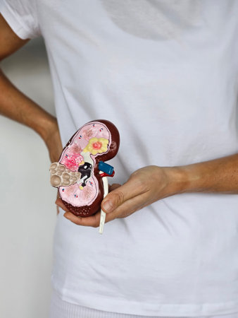 A person holds a detailed anatomical model of a kidney, showing various internal structures and...