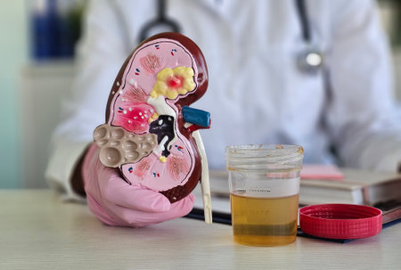 Medical professional demonstrating kidney anatomy with model and urine sample in office setting on a...