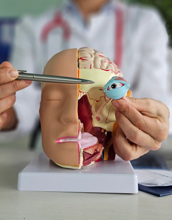 Doctor and the structure of the human head and eye. The relationship between eyes, brain and healthの写真素材