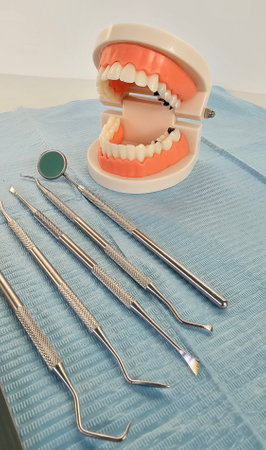 Dental tools displayed with a dental model on a blue cloth in a clinical setting