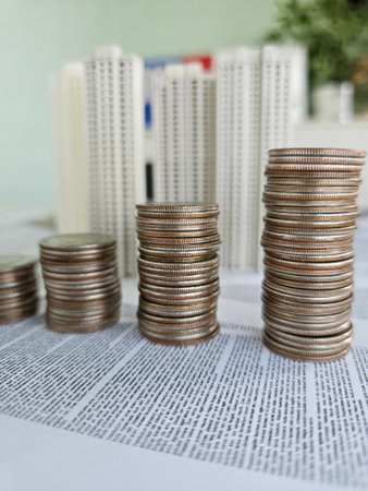 Multiple stacks of coins are positioned in increasing height, showing financial organization. Miniature buildingsの写真素材