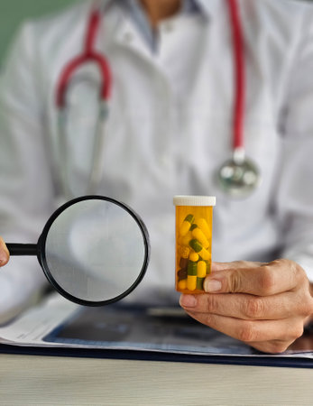 Doctor examining search for prescription pills with magnifying glass in a medical setting during daytimeの写真素材