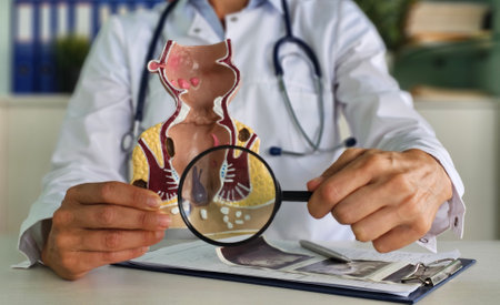 Medical professional examines anatomical model of human digestion with magnifying glass in a...