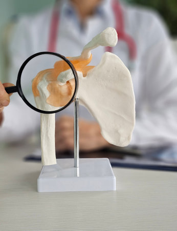 Detailed examination of a shoulder joint model by a medical professional in a clinical settingの写真素材
