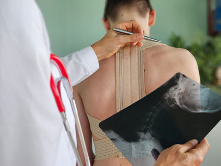 Doctor examining patient back with x-ray of spine. Doctor putting corset on back teenager boy...