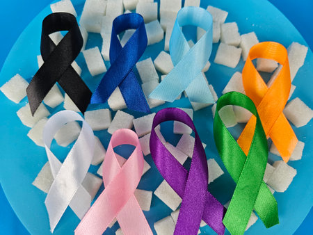 Multi-colored ribbons laid out on a blue plate with sugar cubes