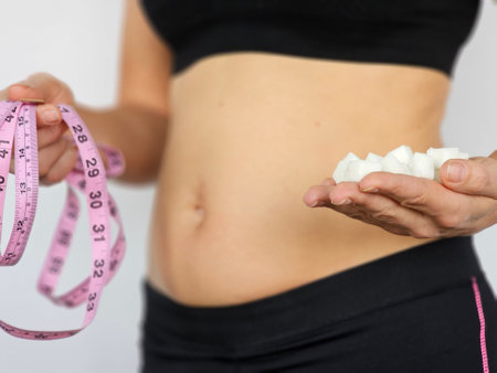 A woman holding a measuring tape in one hand and weight loss supplements in the other, highlighting...
