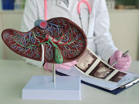 Ultrasound diagnosis of stomach and liver on abdominal cavity of in clinic. Ultrasound of liver and gallbladder cirrhosisの写真素材