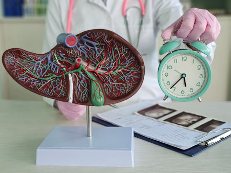 Model of liver next to a clock in a medical office demonstrating the importance of time in healthcareの写真素材
