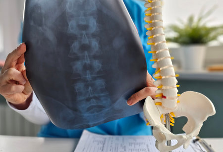 Doctor examines an x-ray of a person spine in office conceptの写真素材