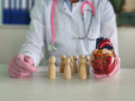 A medical professional explains heart anatomy using a model while surrounded by wooden figures in a clinic settingの写真素材