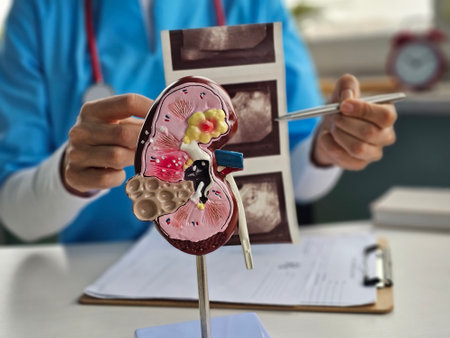 Urology and treatment of kidney diseases. Doctor analyzes patient kidney health with kidney ultrasound and anatomical modelの写真素材
