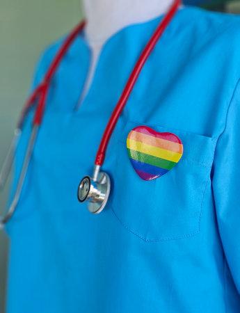 Silhouette of doctor in white coat with stethoscope and LGBT badge on pocket conceptの写真素材
