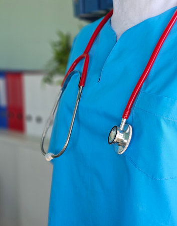 Doctor scrub with stethoscope in a healthcare environment showing commitment to patient care and medical professionalismの写真素材