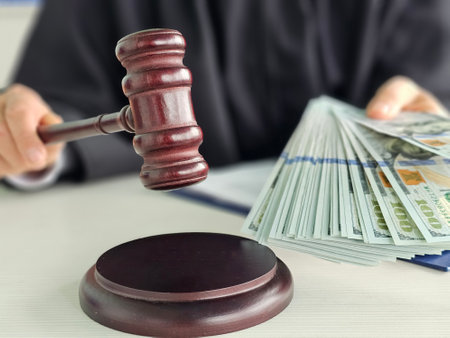 Judge presiding over a courtroom with cash bundles and gavel during a legal proceedingの写真素材