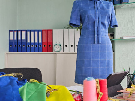 Brightly lit tailoring workspace featuring colorful fabrics and a blue dress form ready for design workの写真素材