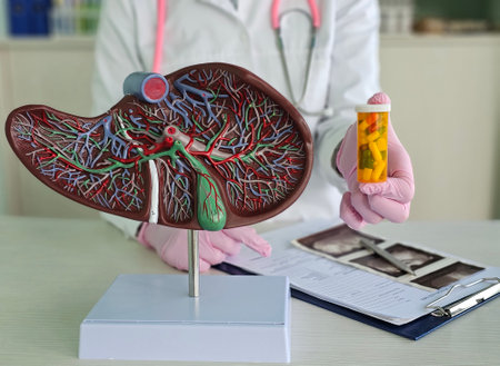 Liver model with pill drug treatment, Cirrhosis, Liver cancer, fatty liver.の写真素材
