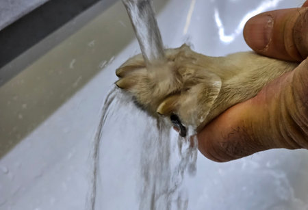 Washing a dog paw under running water in a sinkの写真素材