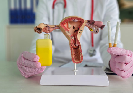 Gynecologist holding cigarette and vape in front of female reproductive system models. Tobacco smoking and female reproductive function. Smoking and e-cigarette use and women reproductive healthの写真素材