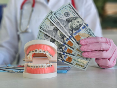Dental consultation showcasing orthodontic model with braces and a hand holding cash in a medical...