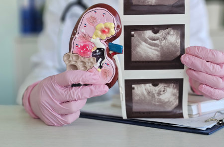 Urology and treatment of kidney diseases. Doctor analyzes patient kidney health with kidney ultrasound and anatomical modelの写真素材