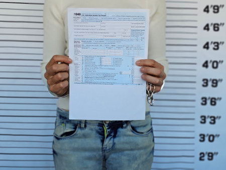 1040 Income Tax Returns and Handcuffs. Tax Evasion Crimes and Fraud and Arrestの写真素材