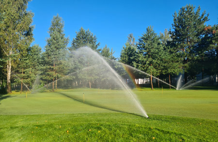 Sprinkler Spraying Water on Golf Courseの写真素材