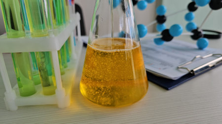 Glass flask contains a yellow liquid, bubbling slightly, alongside test tubes filled with green...
