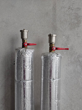 Gas cylinders equipped with safety valves and foil insulation against a textured concrete wallの写真素材