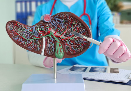 Surgeon holds an scalpel with an anatomical figure of a human liver. The process of surgical treatment of liver diseasesの写真素材