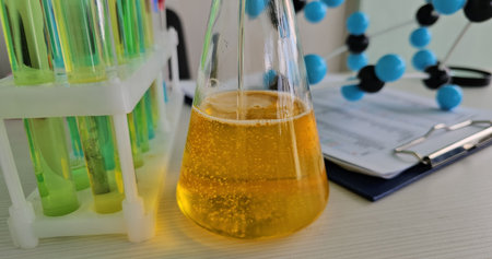 Lab experiment with bubbling yellow liquid in a flask next to test tubes and a molecular model
