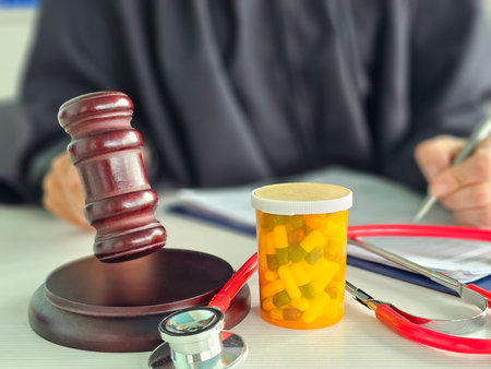 Legal proceedings involving medical evidence and prescription medication in a courtroom settingの写真素材