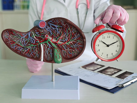 Doctor holds liver model and alarm clock. Treatment and symptoms of liver cirrhosis and treatment timeの写真素材