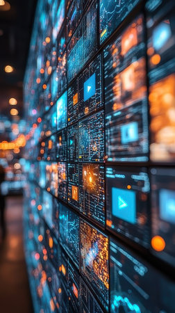 Digital display wall showcasing dynamic data visualizations in a modern tech workspace environmentの素材