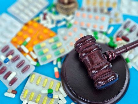 Legal implications of pharmaceutical regulations highlighted by a gavel and assorted medications on a blue surfaceの写真素材