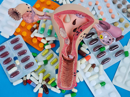 Medical model of the female reproductive system surrounded by various medications and treatments on a bright blue backgroundの写真素材