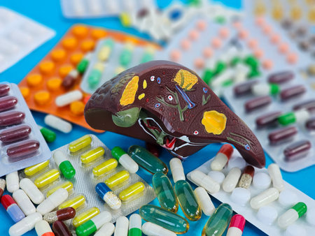 Liver model surrounded by various medications and capsules on a blue background in a healthcare settingの写真素材
