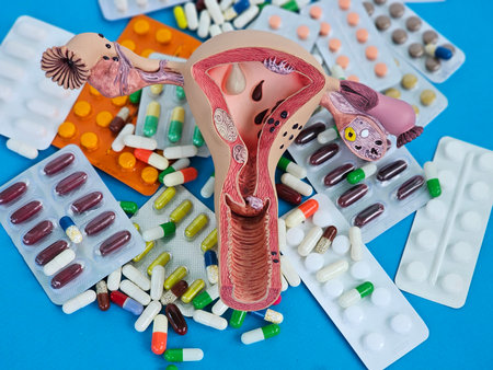 Female uterus. Gynecological examination, infertility treatment. Reproductive system diseases and medicines tablets conceptの写真素材
