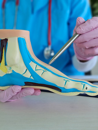 Detailed examination of an anatomical foot model during a medical tutorial session in a clinical...