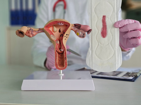 A detailed representation of the human female reproductive system is shown next to a sanitary pad